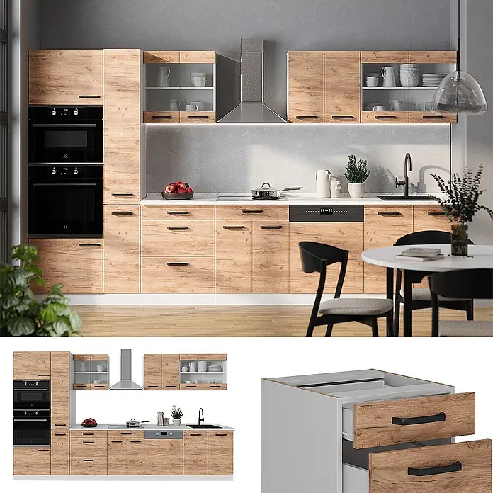Vicco Küchenzeile R-Line Goldkraft Eiche/Weiß AP Eiche - Goldkraft Eiche, Ohne Elektrogeräte - Moderne Einbauküche in heller Holzoptik mit schwarzen Griffen und integrierten Geräten.