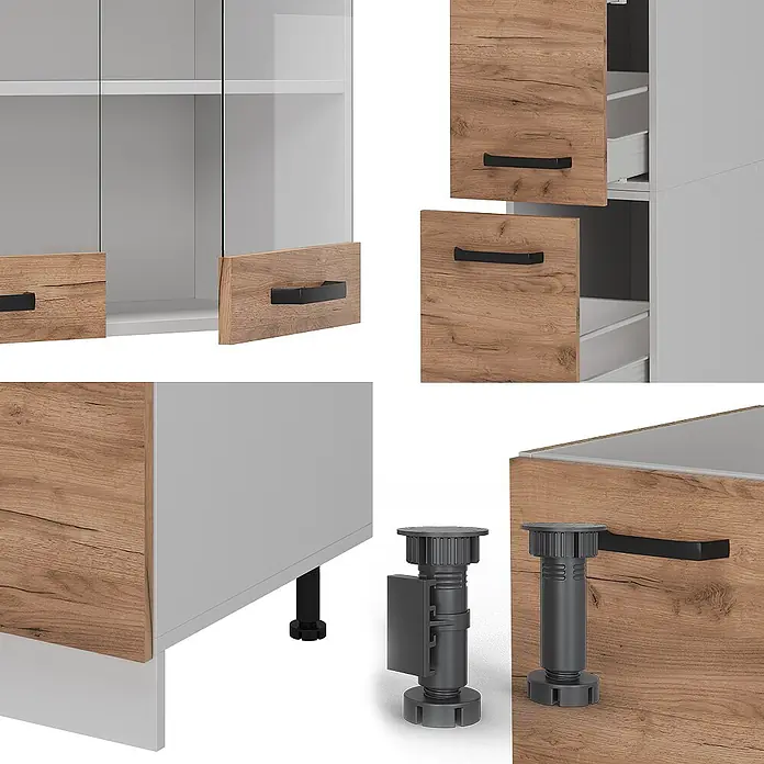 Vicco Küchenzeile R-Line Goldkraft Eiche/Weiß AP Marmor - Goldkraft Eiche, Ohne Elektrogeräte - Modulares Schranksystem mit Holzdekorfronten, grauen Rahmen, schwarzen Griffen und verstellbaren Füßen für anpassbaren Stauraum.