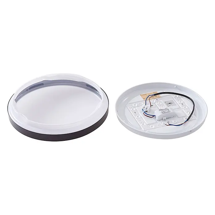 Lindby Deckenleuchte Medon - schwarz - Demontierte runde LED-Deckenleuchte, zeigt ihren weißen Diffusor und Sockel mit integriertem LED-Modul.