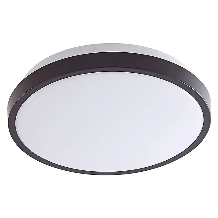 Lindby Deckenleuchte Medon - schwarz - Eine moderne, runde LED-Deckenleuchte mit dunklem Rahmen und weißem Diffusor.