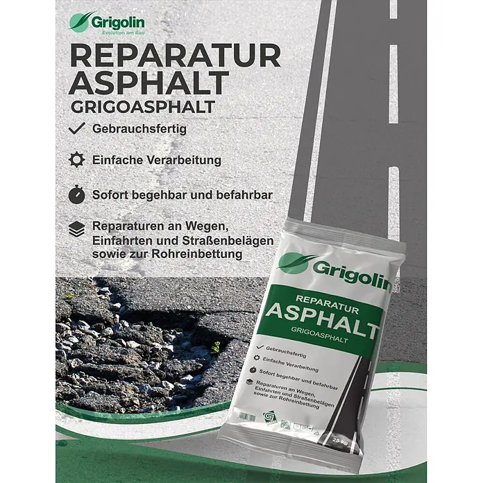 Reparatur-Asphalt - 25 kg - Grigolin Reparatur Asphalt Produktbeutel neben einer rissigen Asphaltstraße, der seinen Verwendungszweck hervorhebt.
