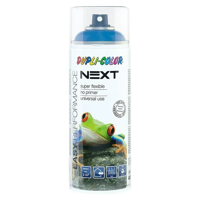 Dupli-Color Next Pintura decorativa en spray RAL 5010 - Azul, Brillante, 400 ml - Se muestra una lata de aerosol Dupli-Color Next con tapa azul y una imagen de una rana. Ideal para superficies flexibles sin imprimación.