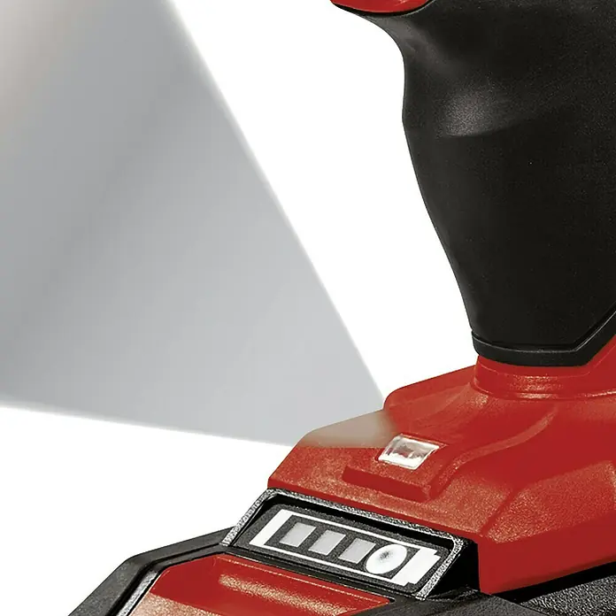 Einhell Power X-Change 18V Akku-Bohrschrauber TE-CD 18/2 Li Kit18 V, 2 Akkus, 1,5 Ah, 44 Nm - Nahaufnahme eines roten Akku-Schlagschraubers mit LED-Licht und Akkuanzeige, der für Heimwerkerarbeiten und Reparaturen verwendet wird.