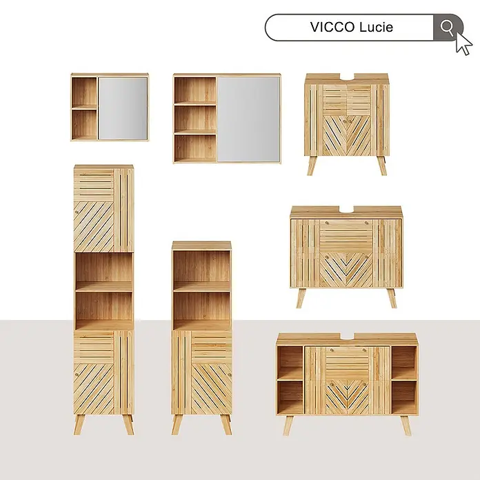 Vicco Badmöbel-Set Lucie Bambus 2 Teile - Bambus, Matt - VICCO Lucie Badmöbelset aus hellem Holz, Lamellentüren mit geometrischen Mustern, Spiegelschränke, Hochschränke, Waschtischunterschränke.