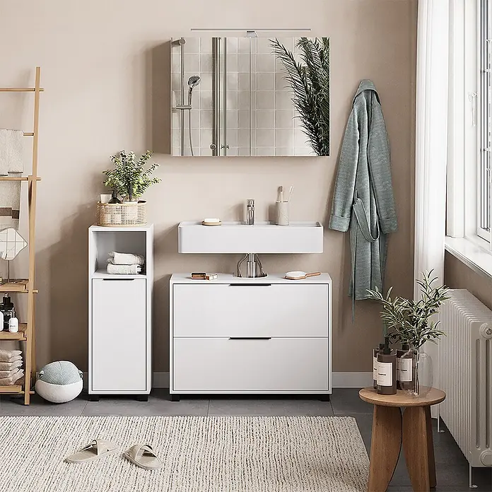 Vicco Badmöbel-Set Alina Weiß 3 Teile - Weiß, Sonstiges - Weißer Badezimmer-Waschtisch mit integriertem Waschbecken und passendem Hochschrank im modernen Bad.