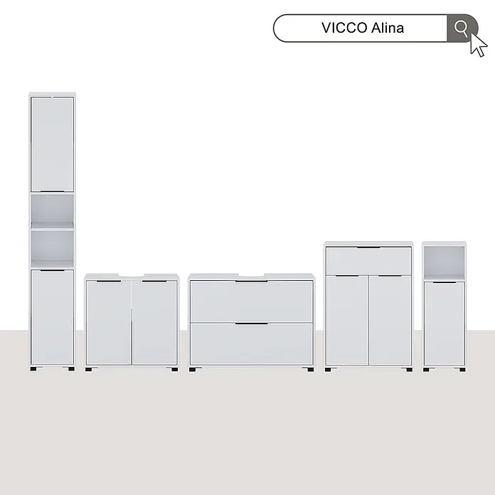 Vicco Badmöbel-Set Alina Weiß 3 Teile - Weiß, Sonstiges - Weißes modulares Möbelset mit verschiedenen Aufbewahrungsschränken, Schubladen und offenen Regalen.