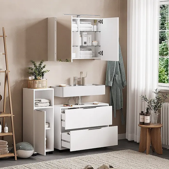 Vicco Badmöbel-Set Alina Weiß 3 Teile - Weiß, Sonstiges - Weißes modernes Badset: Waschtisch mit Waschbecken und Schubladen, hoher Hochschrank und Wandspiegelschrank für praktischen Stauraum.
