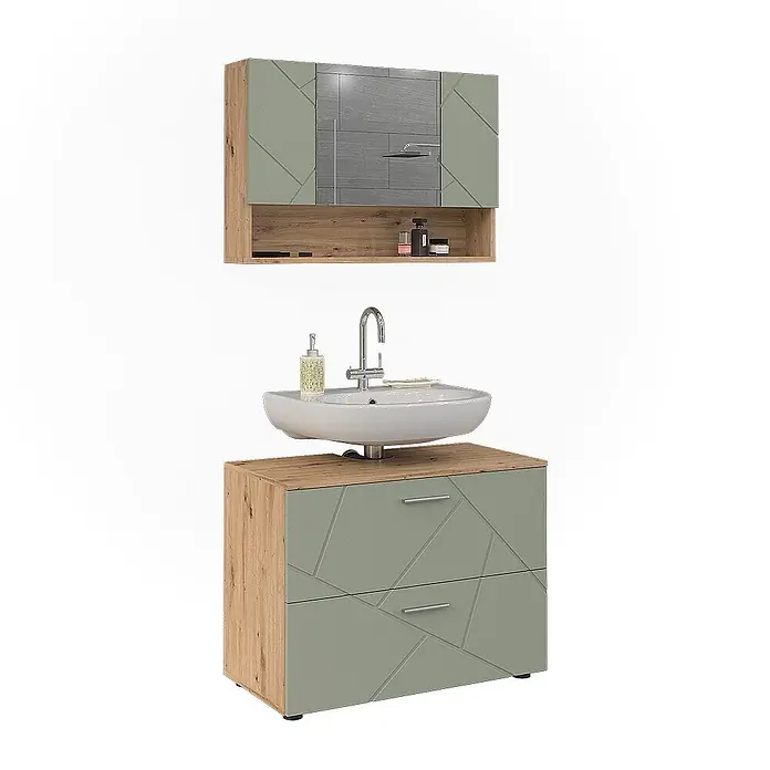 Vicco Badmöbel-Set Irma Salbeigrün 2 Teile - Salbeigrün, Glänzend - Badmöbel-Set mit Holzoptik- und salbeigrünen Fronten mit geometrischem Muster, weißem Waschbecken und Spiegelschrank.