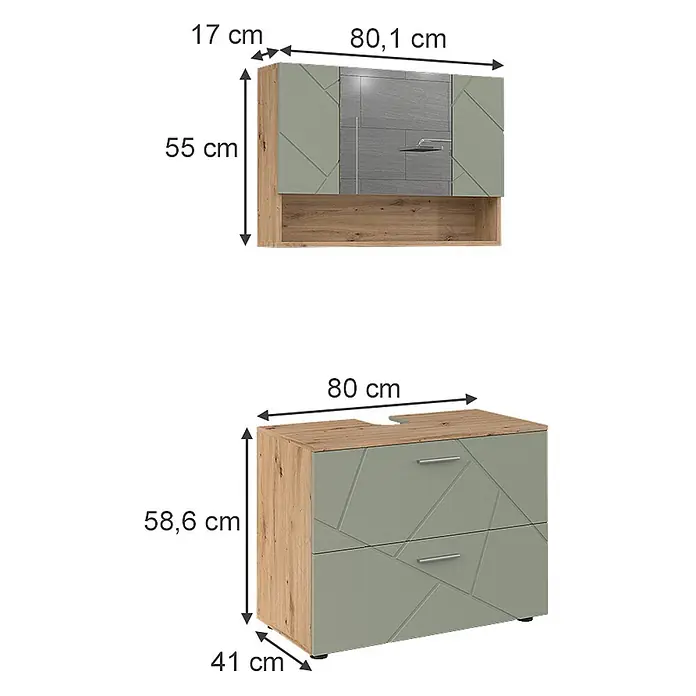 Vicco Badmöbel-Set Irma Salbeigrün 2 Teile - Salbeigrün, Glänzend - Badezimmermöbel-Set: salbeigrüner Spiegelschrank mit Holzboden, passende Waschtischunterschrank mit gemusterten Schubladen.