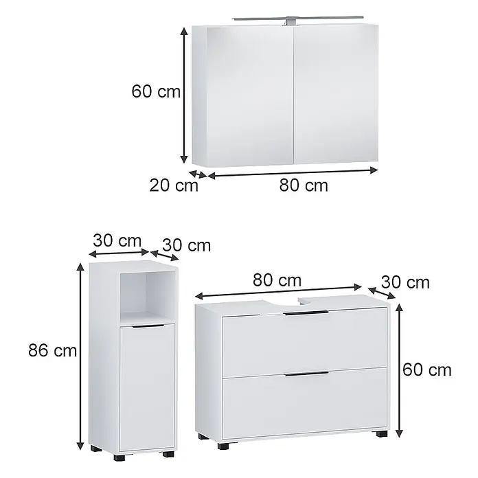 Vicco Badmöbel-Set Alina Weiß 3 Teile - Weiß, Sonstiges - Weißes Badmöbel-Set mit Spiegelschrank, Hochschrank und Waschtischunterschrank, Bemaßungen angezeigt.