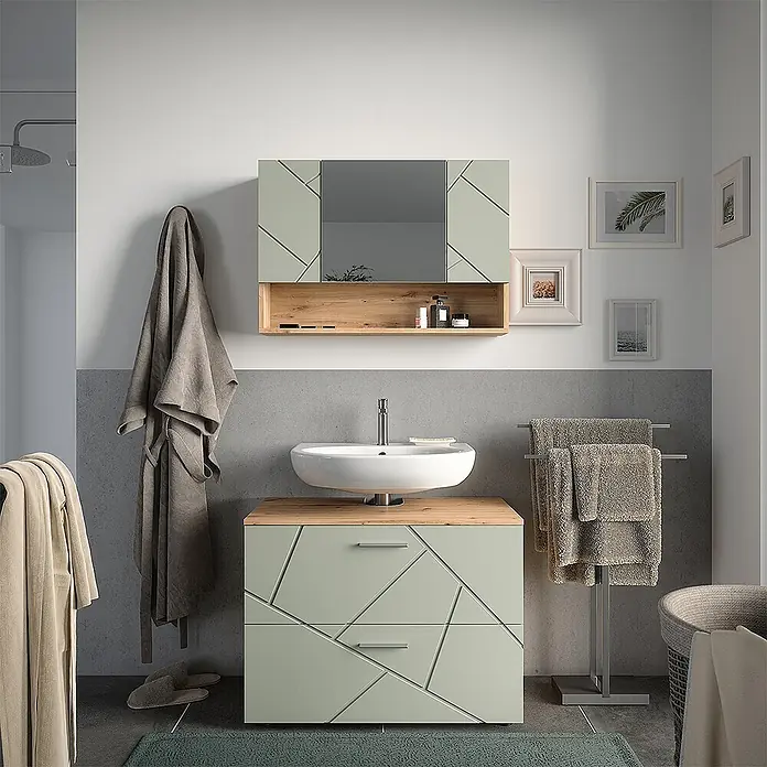 Vicco Badmöbel-Set Irma Salbeigrün 2 Teile - Salbeigrün, Glänzend - Salbeigrüne Badmöbel mit geometrischem Muster, Holzplatte, weißem Waschbecken und passendem Spiegelschrank.