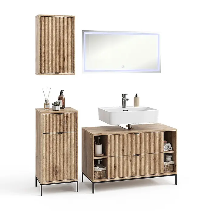 Vicco Badmöbel-Set Eliza Viking Oak 4 Teile - Viking Oak, Matt - Badmöbel-Set aus hellem geripptem Holz: Waschtisch mit Waschbecken, Hochschrank, Wandschrank und beleuchteter Spiegel. Schwarze Details.