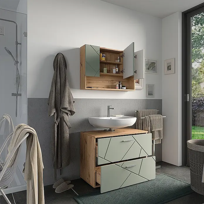 Vicco Badmöbel-Set Irma Salbeigrün 2 Teile - Salbeigrün, Glänzend - Modernes Badmöbel-Set: Holz-Waschtischunterschrank mit hellgrünen gemusterten Schubladen, Aufsatzwaschbecken und passendem Wandschrank.