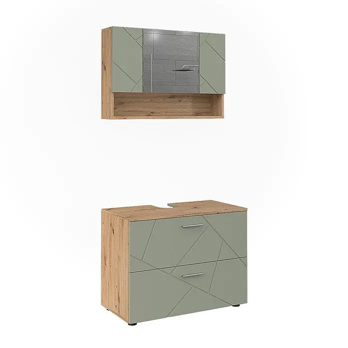Vicco Badmöbel-Set Irma Salbeigrün 2 Teile - Salbeigrün, Glänzend - Badmöbel-Set: Wandschrank mit Spiegel, Holzoptik & salbeigrün-geometrischen Fronten; passender Unterschrank mit Beckenausschnitt & 2 Schubladen.
