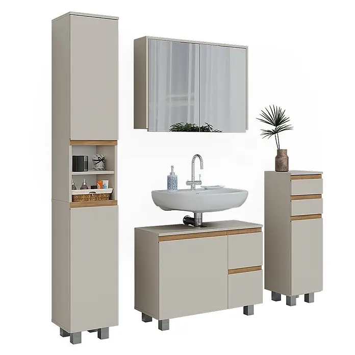 Vicco Badmöbel-Set J-Shape Cashmere/Artisan 4 Teile - Cashmere, Matt - Badezimmermöbelset in Hellbeige mit Holzakzenten, bestehend aus Hochschrank, Spiegelschrank, Waschtischunterschrank und Schubladenelement.