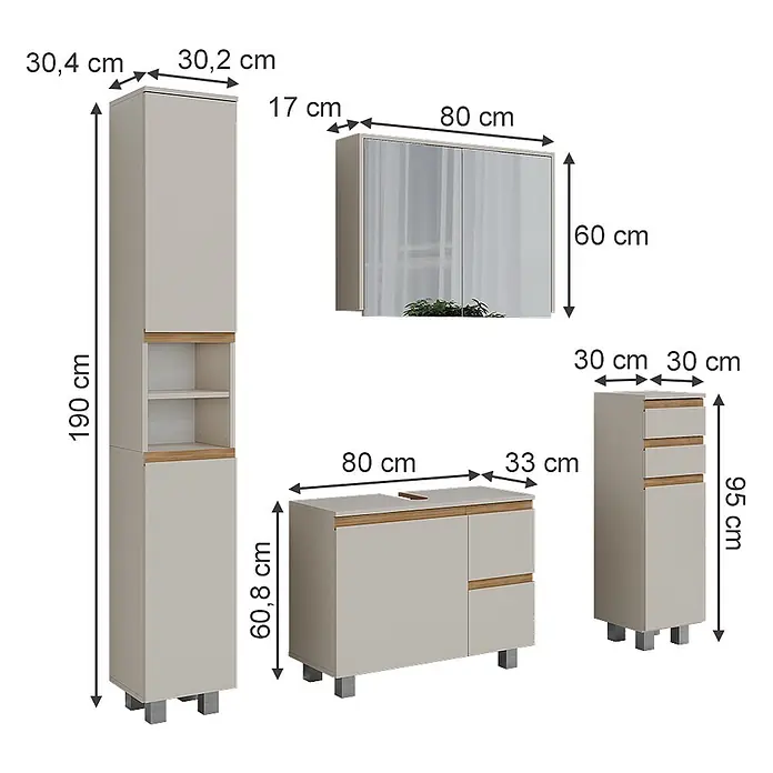 Vicco Badmöbel-Set J-Shape Cashmere/Artisan 4 Teile - Cashmere, Matt - Set hellgrauer Badmöbel mit Holzdetails: Hochschrank, Waschtischunterschrank, Spiegelschrank, Schubladenschrank.