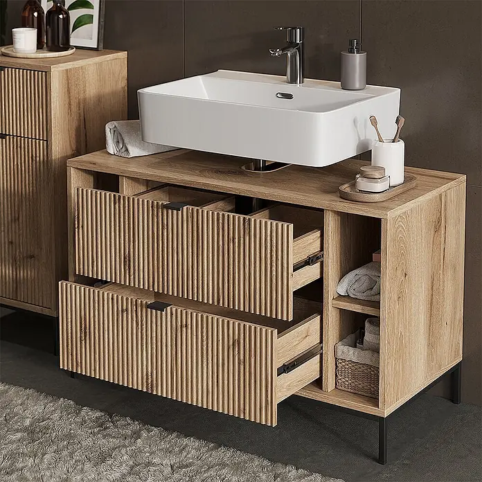 Vicco Badmöbel-Set Eliza Viking Oak 4 Teile - Viking Oak, Matt - Heller Badezimmerschrank aus Holz mit geriffelten Schubladenfronten, integriertem Waschbecken und offenen Regalen.