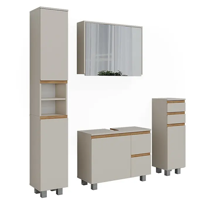 Vicco Badmöbel-Set J-Shape Cashmere/Artisan 4 Teile - Cashmere, Matt - Helles beiges Badmöbel-Set mit Holzdetails: Hochschrank, Spiegelschrank, Waschtischunterschrank und Schubladenschrank.