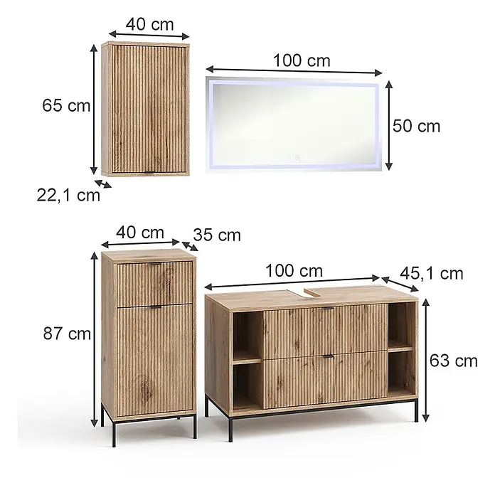 Vicco Badmöbel-Set Eliza Viking Oak 4 Teile - Viking Oak, Matt - Badezimmermöbel-Set aus hellem Holz: gerippter Wandschrank, Hochschrank, Waschtischunterschrank und LED-Spiegel mit Maßen.