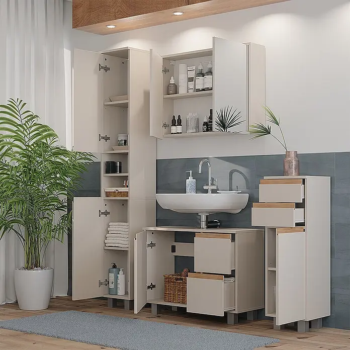 Vicco Badmöbel-Set J-Shape Cashmere/Artisan 4 Teile - Cashmere, Matt - Modernes beiges Badmöbel-Set mit Waschbecken, Hochschränken und Schubladen, Holzakzente bieten viel Stauraum.