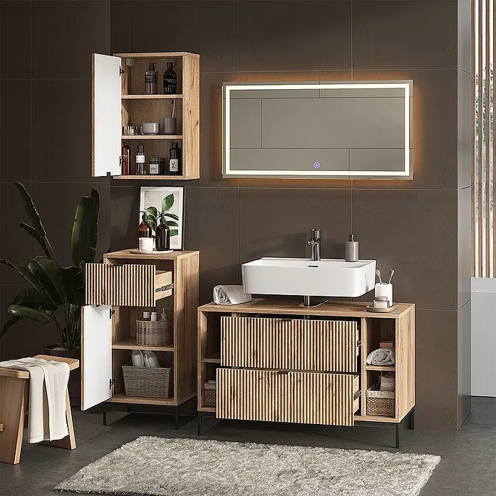 Vicco Badmöbel-Set Eliza Viking Oak 4 Teile - Viking Oak, Matt - Badmöbelset aus hellem Holz mit geriffelten Akzenten, bestehend aus Wandschrank, Beistellschrank und Waschtisch.