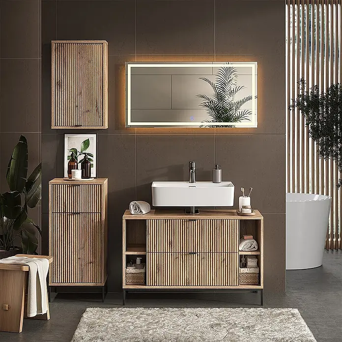 Vicco Badmöbel-Set Eliza Viking Oak 4 Teile - Viking Oak, Matt - Badezimmermöbel-Set aus hellem Holz mit geriffelter Front, bestehend aus Waschtischunterschrank mit Waschbecken, Wandschrank und Beistellschrank.