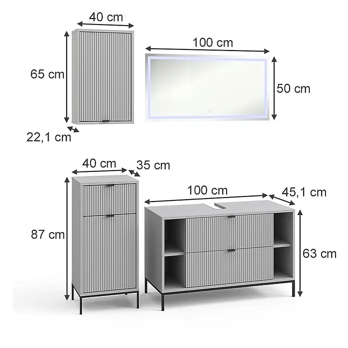 Vicco Badmöbel-Set Eliza Grau 4 Teile - Grau, Matt - Hellgraues geripptes Badezimmer-Set: Wandschrank, Hochschrank, Waschtischunterschrank und Spiegel mit Maßen.