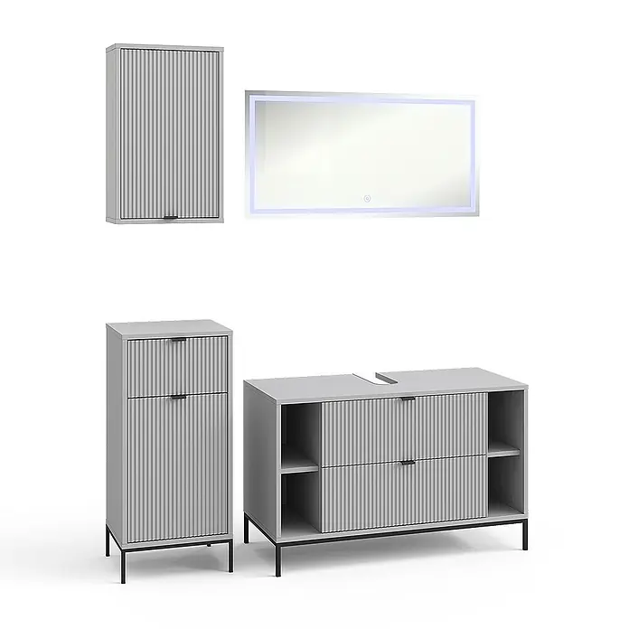Vicco Badmöbel-Set Eliza Grau 4 Teile - Grau, Matt - Helles graues geripptes Badezimmermöbel-Set mit beleuchtetem Spiegel und schwarzen Beinen/Griffen.