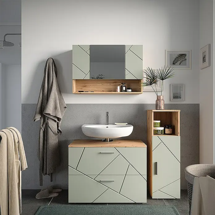 Vicco Badmöbel-Set Irma Salbeigrün 3 Teile - Salbeigrün, Glänzend - Modernes Badmöbel-Set in Salbeigrün mit geometrischen Paneelen, Holzdetails, Waschbecken, Spiegelschrank und Hochschrank.