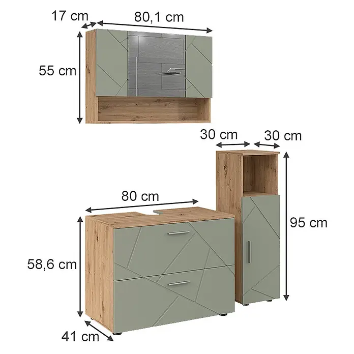 Vicco Badmöbel-Set Irma Salbeigrün 3 Teile - Salbeigrün, Glänzend - Eine moderne Badezimmermöbel-Garnitur mit salbeigrünen Fronten und hellen Holzkorpussen, bestehend aus Hängeschrank, Waschtischunterschrank und Hochschrank.