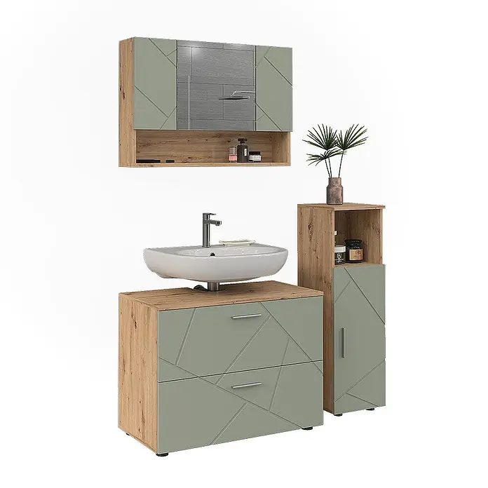 Vicco Badmöbel-Set Irma Salbeigrün 3 Teile - Salbeigrün, Glänzend - Badezimmermöbel-Set in Holzoptik und Hellgrün mit geometrischen Mustern, bestehend aus Waschtischunterschrank, Spiegelschrank und Hochschrank.