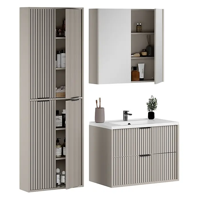 Vicco Badmöbel-Set Ruford Cashmere 4 Teile - Cashmere, Matt - Beiges Badmöbelset mit geriffelten Türen/Schubladen: Hochschrank, Wandschrank und Waschtischunterschrank.