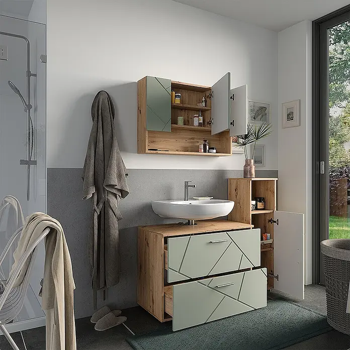 Vicco Badmöbel-Set Irma Salbeigrün 3 Teile - Salbeigrün, Glänzend - Modernes Badmöbel-Set in Holzoptik mit salbeigrünen Fronten und geometrischem Muster, bestehend aus Waschtisch- und Spiegelschrank.