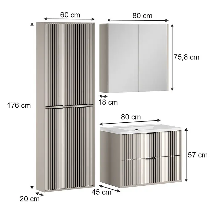 Vicco Badmöbel-Set Ruford Cashmere 4 Teile - Cashmere, Matt - Hellbeiges Badmöbelset mit Lamellenfronten, bestehend aus Hochschrank, Spiegelschrank und Waschtischunterschrank mit Waschbecken.
