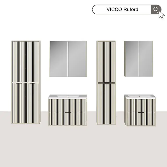 Vicco Badmöbel-Set Ruford Cashmere 4 Teile - Cashmere, Matt - VICCO Ruford Badmöbel-Set: hellbeige Schränke, Spiegelschränke und Waschtischunterschränke mit vertikalem Lamellendesign.