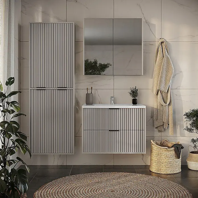 Vicco Badmöbel-Set Ruford Cashmere 4 Teile - Cashmere, Matt - Modernes Badezimmerset: zwei Lamellen-Hochschränke, passender Waschtisch mit Waschbecken und Spiegelschrank in heller Holzoptik.