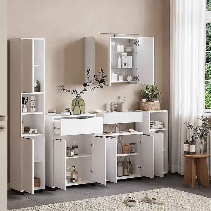 Vicco Badmöbel-Set Alina Weiß 5 Teile - Weiß, Sonstiges - Weißes Badezimmer-Waschtisch und modulares Aufbewahrungssystem mit offenen Regalen, Schränken und Schubladen.