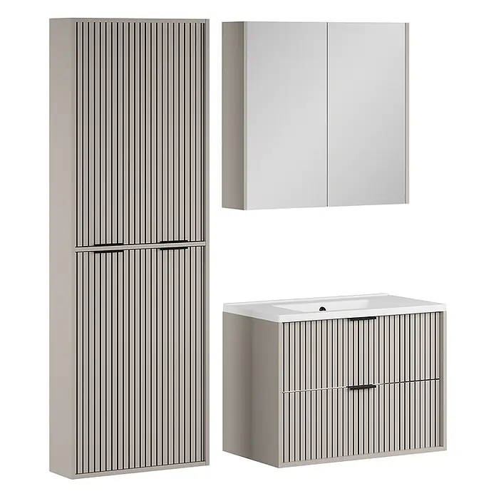 Vicco Badmöbel-Set Ruford Cashmere 4 Teile - Cashmere, Matt - Helles beiges Badmöbel-Set mit Rillenstruktur, bestehend aus Hochschrank, Spiegelschrank und Waschtischunterschrank.