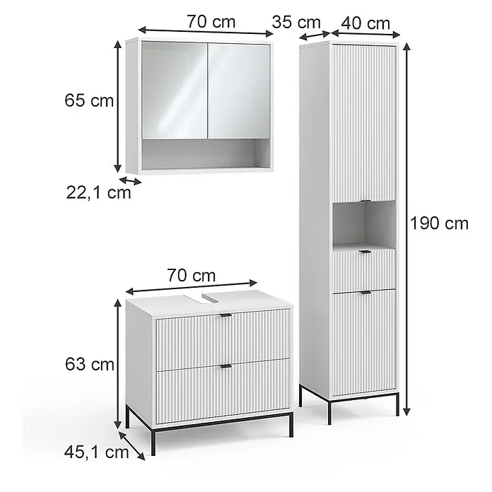 Vicco Badmöbel-Set Eliza Weiß 3 Teile - Weiß, Matt - Weißes geripptes Badmöbelset: Spiegelschrank, Waschtisch mit Schubladen und Hochschrank mit schwarzen Akzenten.