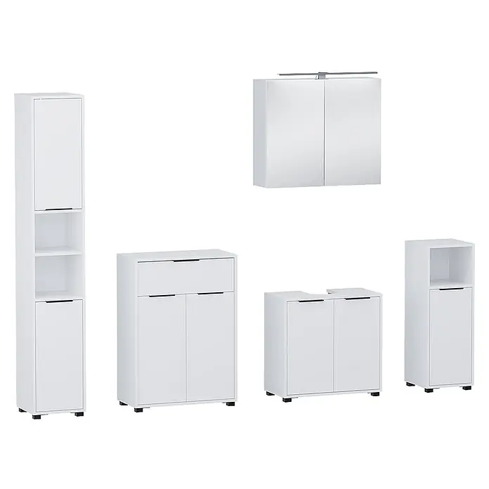Vicco Badmöbel-Set Alina Weiß 5 Teile - Weiß, Sonstiges - Set weißer Badmöbel: hoher Schrank, mittlerer Schrank, Waschtischunterschrank und Spiegelschrank.