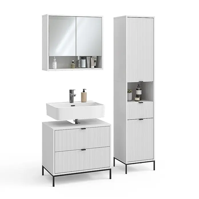 Vicco Badmöbel-Set Eliza Weiß 3 Teile - Weiß, Matt - Weißes Badezimmermöbelset mit geriffelten Fronten: Spiegelschrank, Waschtisch mit Waschbecken und hoher Hochschrank.