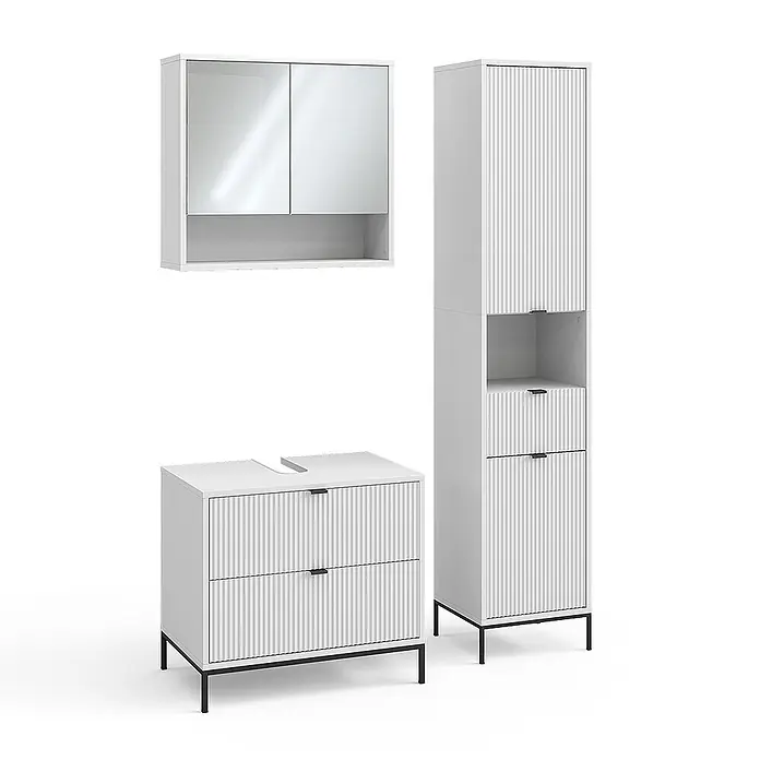 Vicco Badmöbel-Set Eliza Weiß 3 Teile - Weiß, Matt - Weißes, gerilltes Badmöbelset: Waschtischunterschrank, Hochschrank und Spiegelschrank, alle mit schwarzen Akzenten.