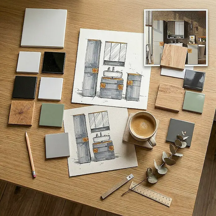 Vicco Badmöbel-Set Eden Grün 3 Teile - Gesamtbreite Badmöbel: 113,1 cm, Grün, Matt - Badezimmer-Designprozess mit Fliesen- und Holzmustern, Skizzen moderner Badmöbel und einem fertigen Raumlayout.