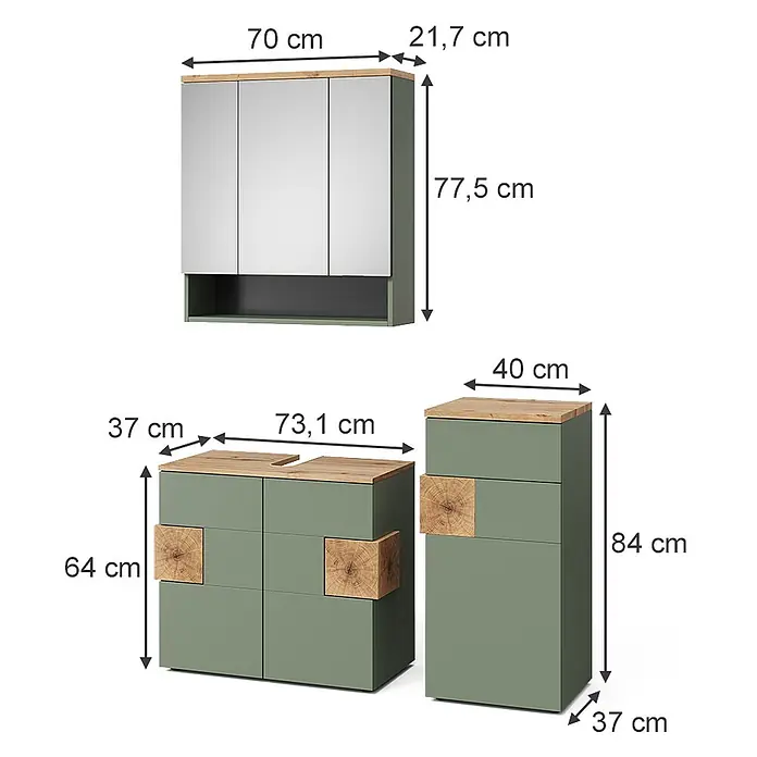 Vicco Badmöbel-Set Eden Grün 3 Teile - Gesamtbreite Badmöbel: 113,1 cm, Grün, Matt - Grünes Badmöbel-Set mit Holzplatten und Akzenten, bestehend aus Spiegelschrank, Waschtischunterschrank und Hochschrank.