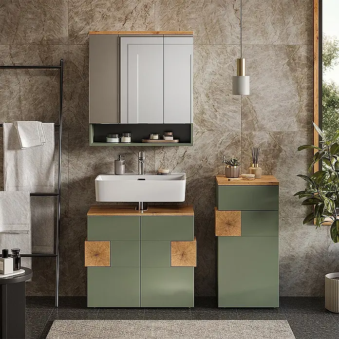 Vicco Badmöbel-Set Eden Grün 3 Teile - Gesamtbreite Badmöbel: 113,1 cm, Grün, Matt - Moderner grüner Badezimmerschrank mit weißem Waschbecken, Spiegelschrank und hohem Stauraum, mit Holzdetails.