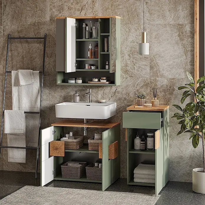 Vicco Badmöbel-Set Eden Grün 3 Teile - Gesamtbreite Badmöbel: 113,1 cm, Grün, Matt - Salbeigrünes Badmöbel-Set mit Waschbecken, Wandschrank und hohem Stauraumschrank, mit Holzplatten und Akzenten.
