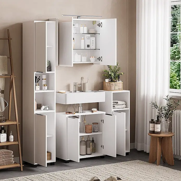 Vicco Badmöbel-Set Alina Weiß 4 Teile - Weiß, Sonstiges - Modernes weißes Badmöbelsystem mit integriertem Waschbecken, Spiegelschrank und mehreren Aufbewahrungseinheiten.