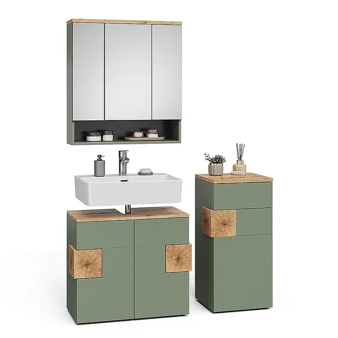 Vicco Badmöbel-Set Eden Grün 3 Teile - Gesamtbreite Badmöbel: 113,1 cm, Grün, Matt - Salbeigrünes Badmöbel-Set mit hellen Holzplatten und Akzenten, bestehend aus Spiegelschrank, Waschbeckenunterschrank und Hochschrank.