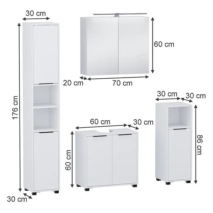 Vicco Badmöbel-Set Alina Weiß 4 Teile - Weiß, Sonstiges - Modernes weißes Badmöbelset mit Hochschrank, Waschtischunterschrank, Spiegelschrank mit Beleuchtung und kleinem Aufbewahrungsschrank, Maße angegeben.
