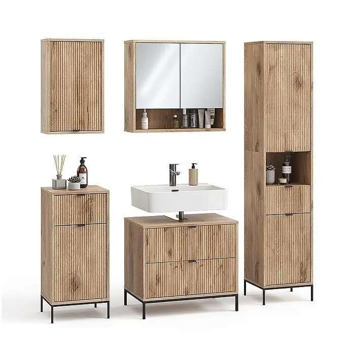 Vicco Badmöbel-Set Eliza Viking Oak 5 Teile - Viking Oak, Matt - Badezimmermöbel-Set in hellem Rillenholz-Design mit schwarzen Akzenten, inkl. Hängeschränken, Waschtisch mit Waschbecken und Unterschränken.